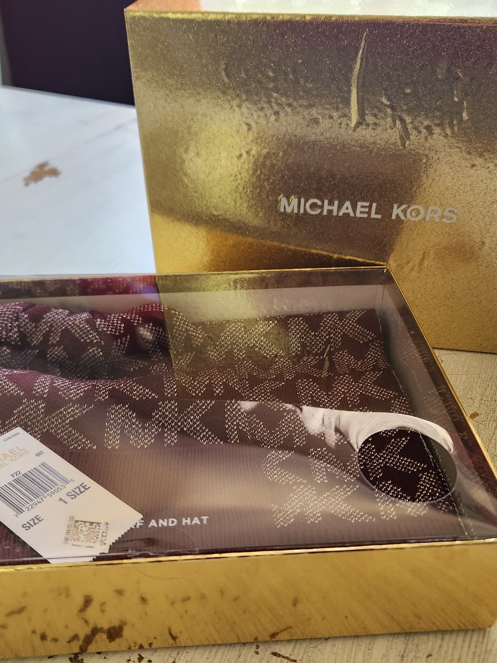 Michael Kors Unisex Burgundy MK Logo Hat & Scarf Set